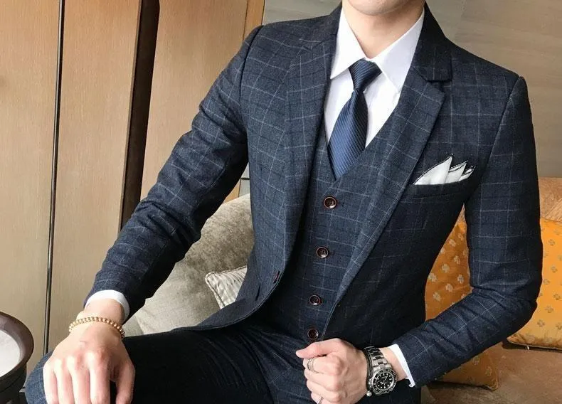 2019 Men's Fashion Boutique Plaid Jacket & Vest Wedding Three-piece Suit