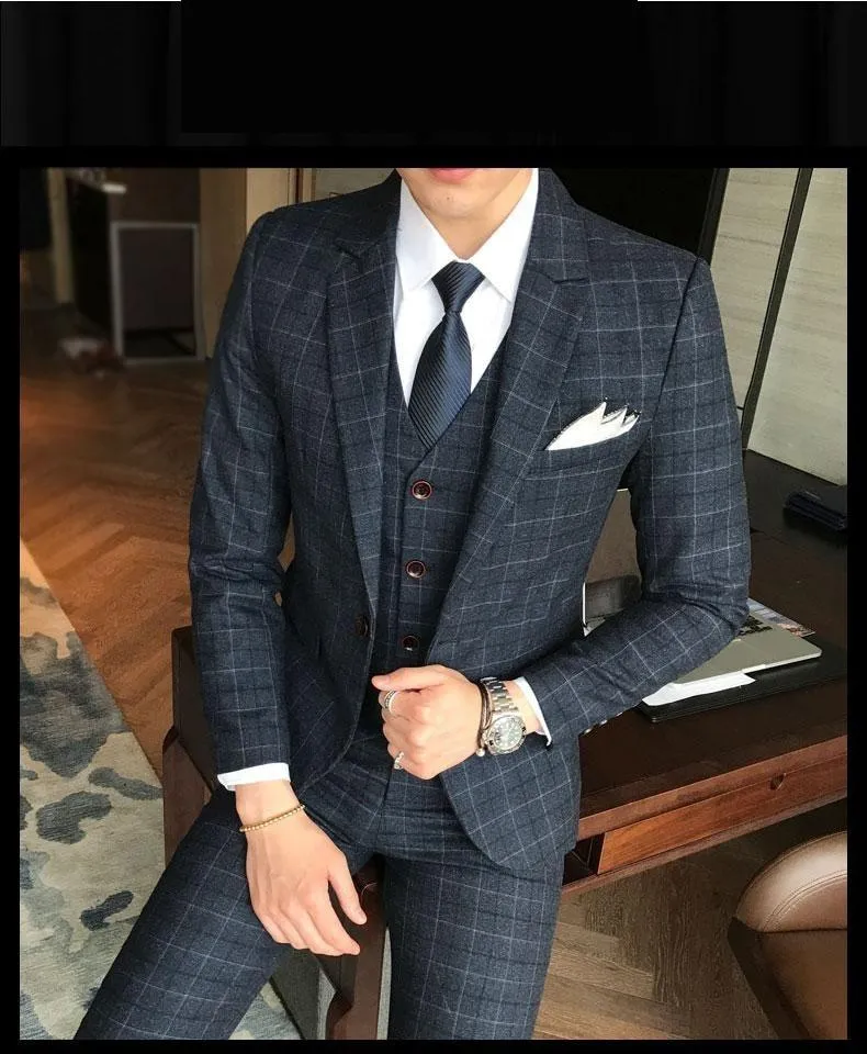 2019 Men's Fashion Boutique Plaid Jacket & Vest Wedding Three-piece Suit