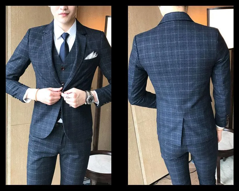 2019 Men's Fashion Boutique Plaid Jacket & Vest Wedding Three-piece Suit