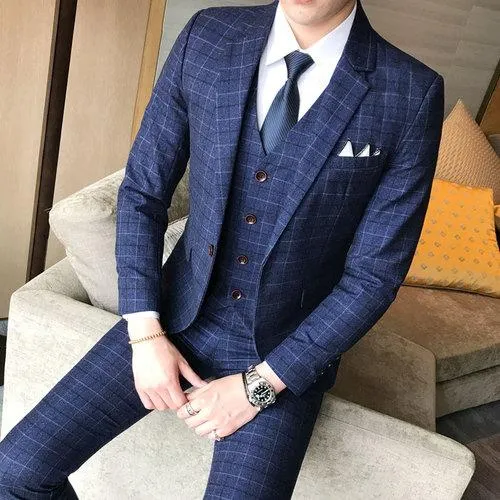 2019 Men's Fashion Boutique Plaid Jacket & Vest Wedding Three-piece Suit