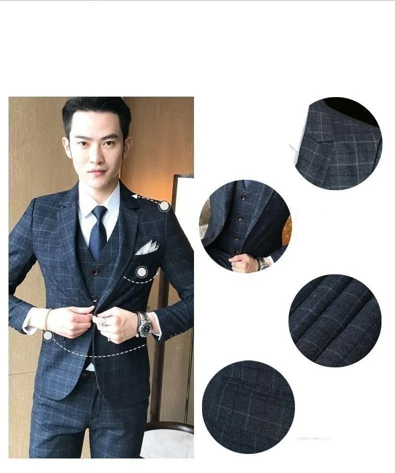 2019 Men's Fashion Boutique Plaid Jacket & Vest Wedding Three-piece Suit