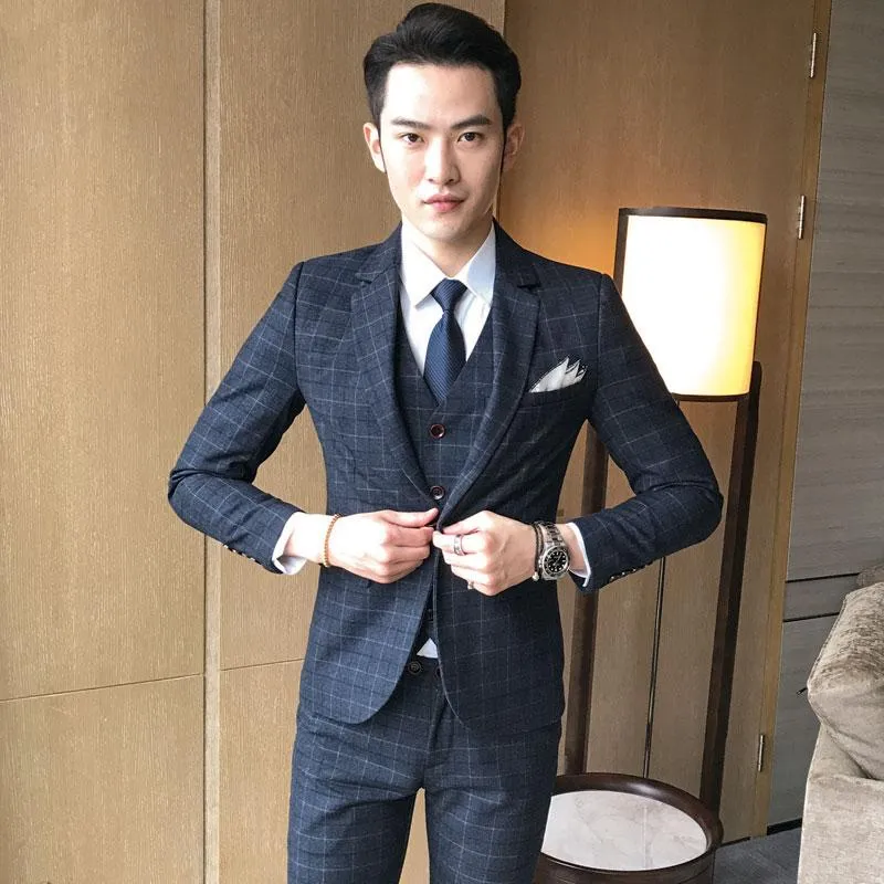 2019 Men's Fashion Boutique Plaid Jacket & Vest Wedding Three-piece Suit