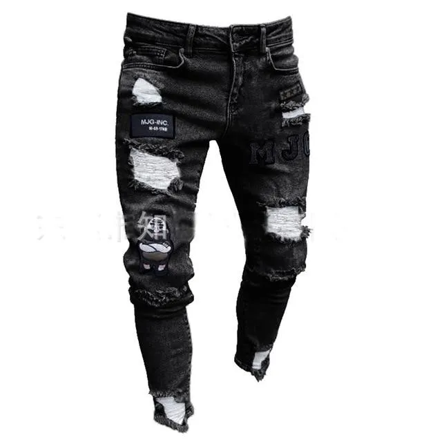 3 Styles Men's Stretchy Ripped Skinny Biker Embroidery Print Slim Jeans