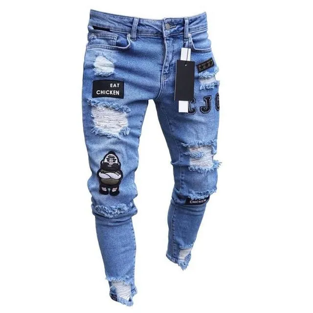 3 Styles Men's Stretchy Ripped Skinny Biker Embroidery Print Slim Jeans