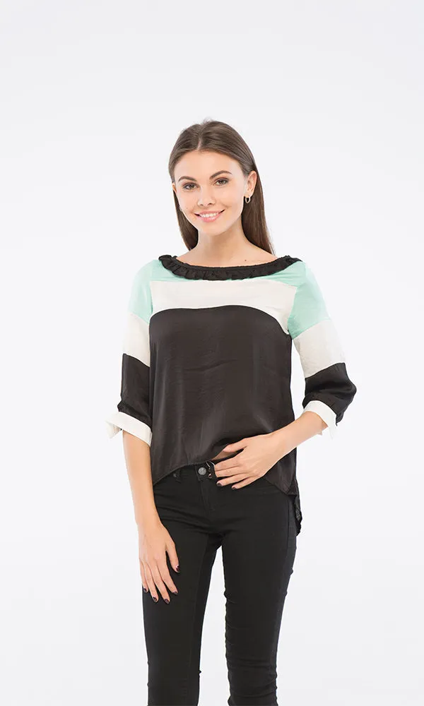 39247 3/4 Sleeves Blouse - Black, White & Mint Green