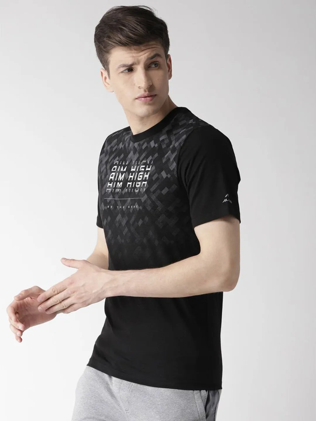 Alcis Men Black Grey Printed Round Neck T-shirt