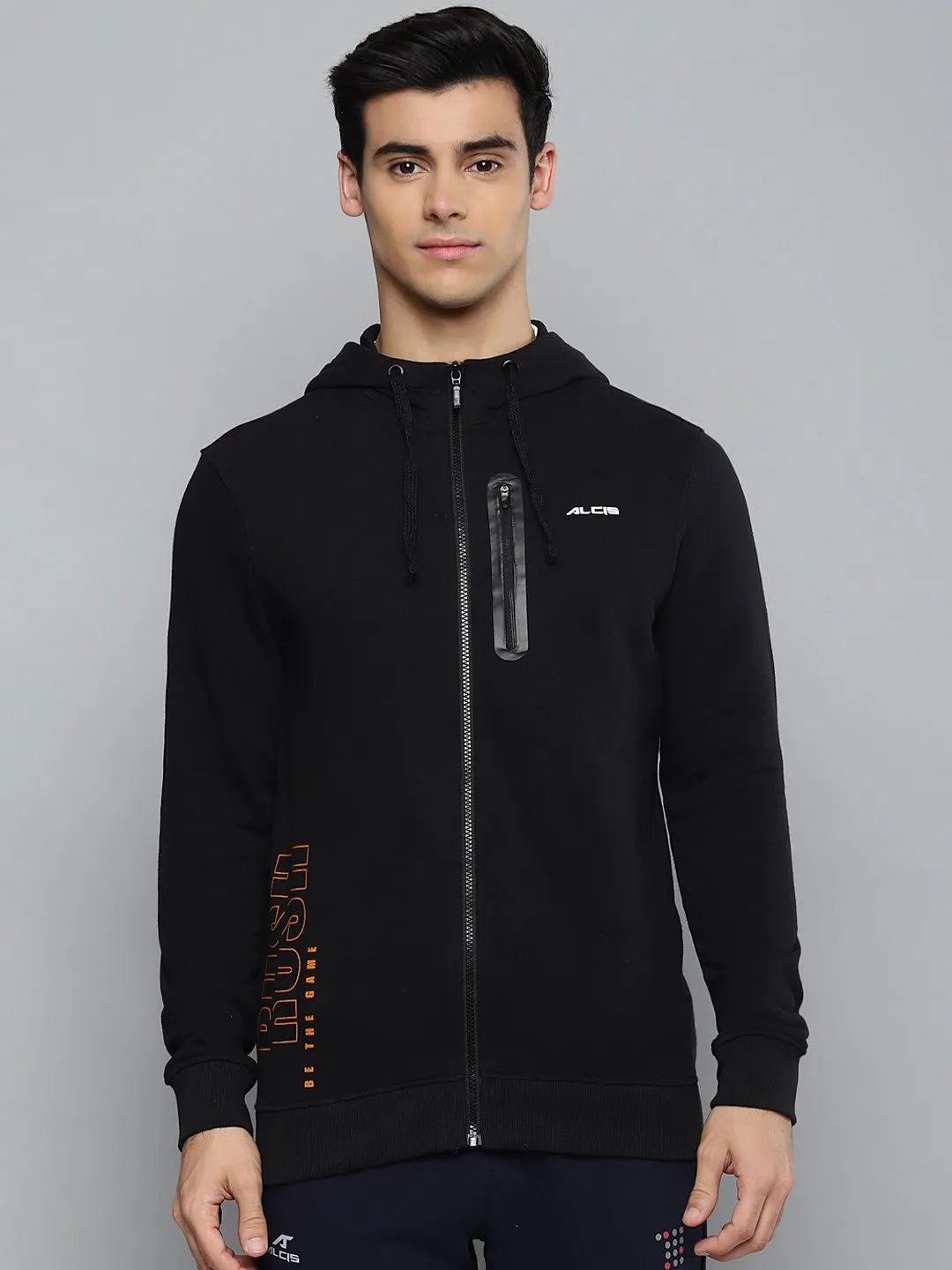 Alcis Men Black Solid Hooded Sweatshirt with Printed Details