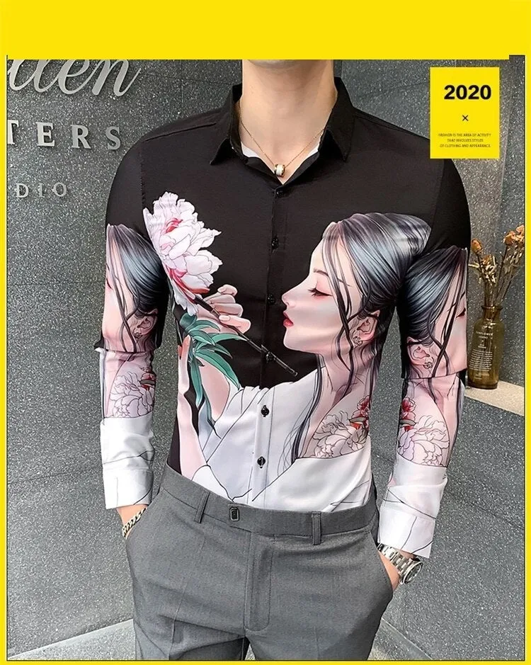 All Match Streetwear Digital Printed Long Sleeved Casual Shirt for Men