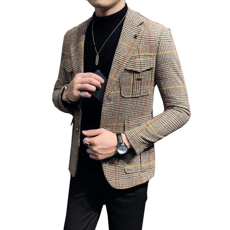 Autumn Casual Men's Plaid Slim-fit Business Streetwear Blazers Suit Jacket