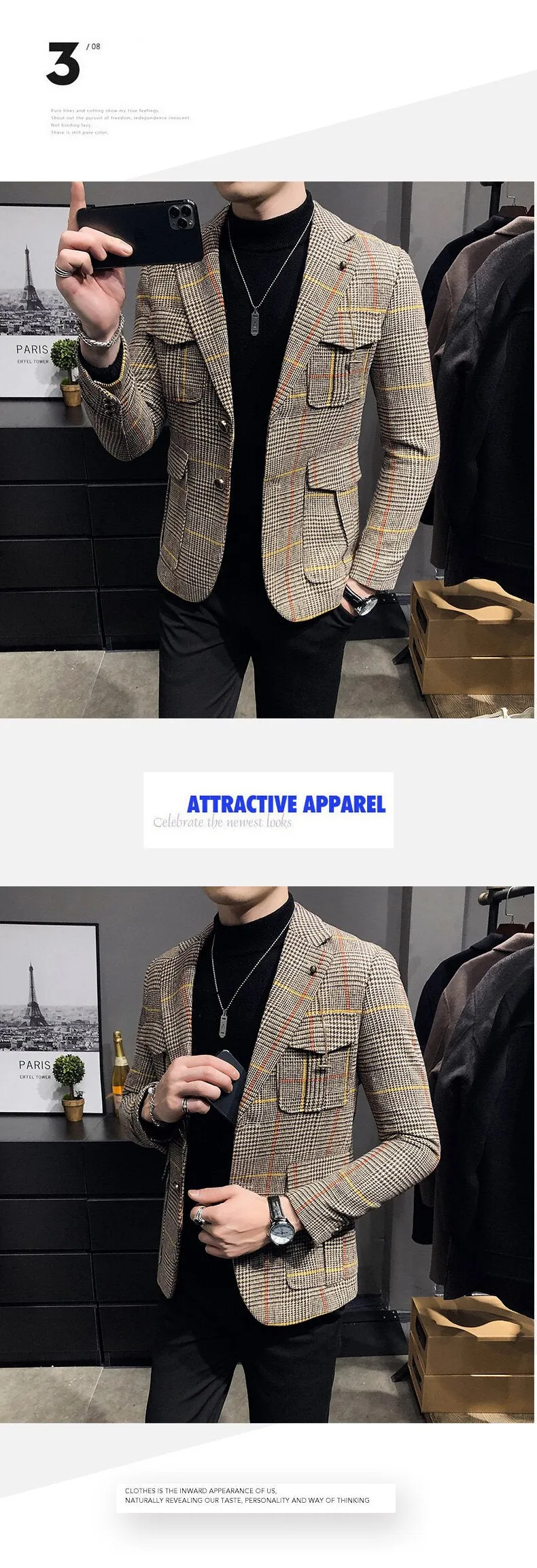 Autumn Casual Men's Plaid Slim-fit Business Streetwear Blazers Suit Jacket