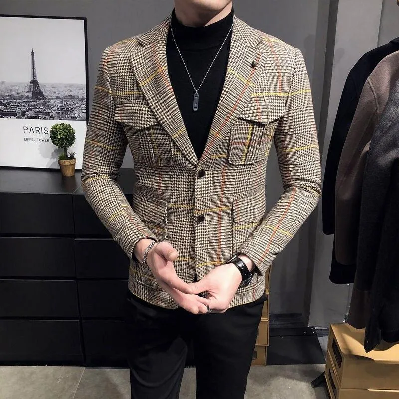 Autumn Casual Men's Plaid Slim-fit Business Streetwear Blazers Suit Jacket