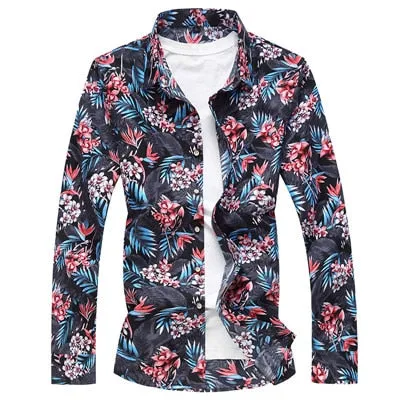 Autumn Casual Slim Fit Flower Printed Hawaiian Long Sleeve Shirt for Men