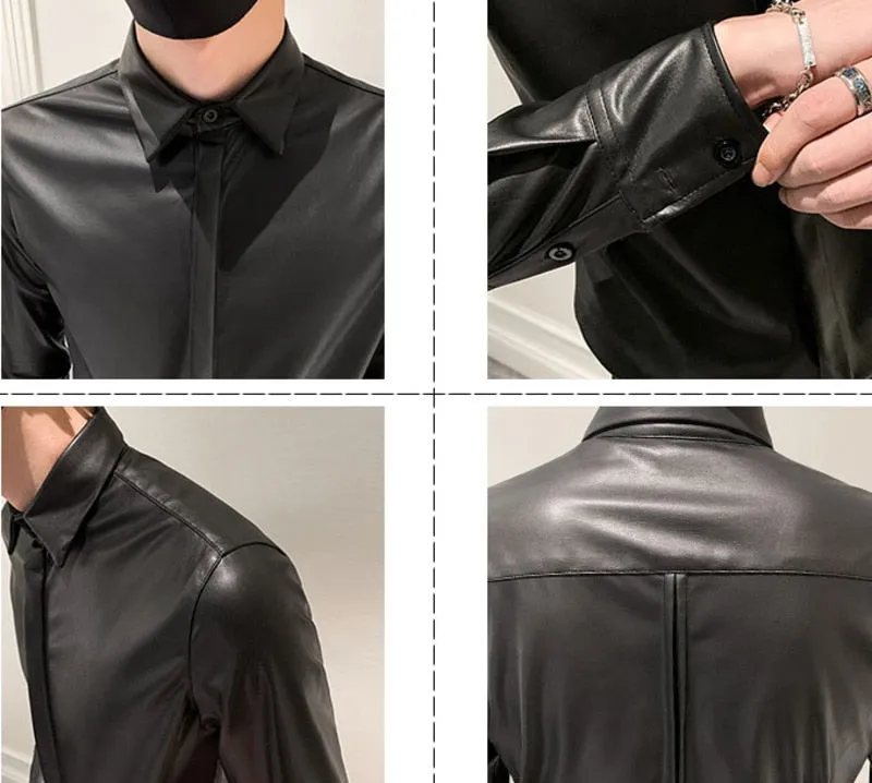 Autumn Winter Korean Slim Fit Leather Camisa Social Masculina Fashion Black Leather Shirts