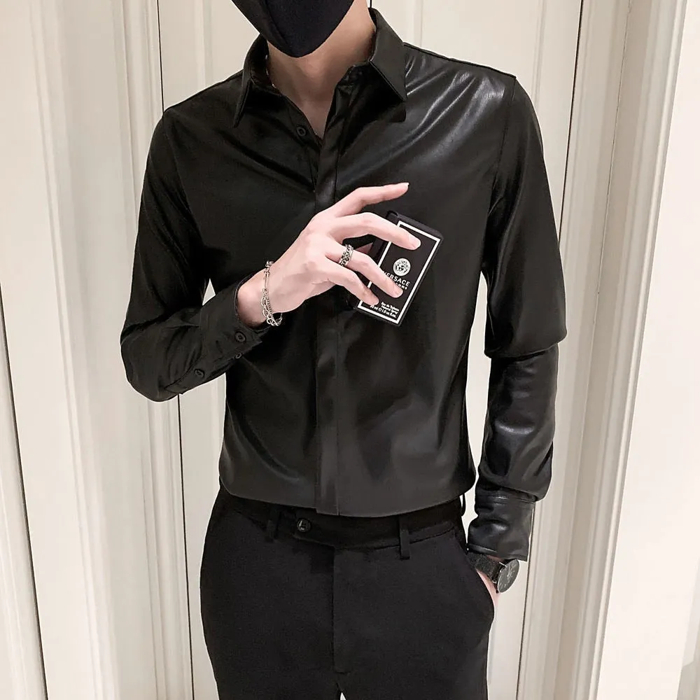 Autumn Winter Korean Slim Fit Leather Camisa Social Masculina Fashion Black Leather Shirts