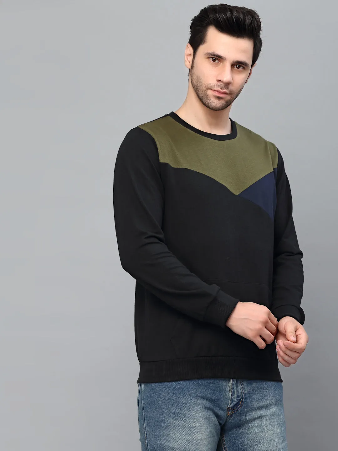 Black Cut And Sew Round Neck Terry Sweatshirt