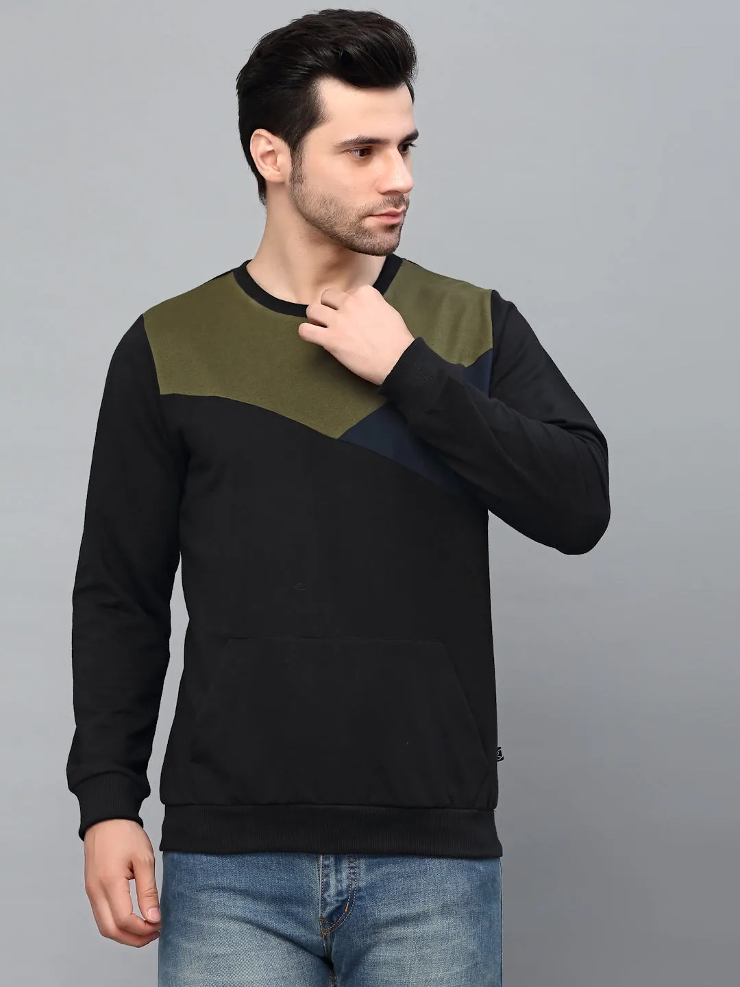 Black Cut And Sew Round Neck Terry Sweatshirt