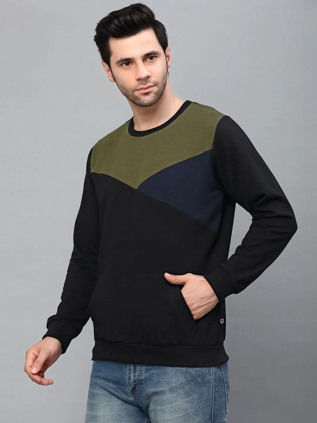 Black Cut And Sew Round Neck Terry Sweatshirt