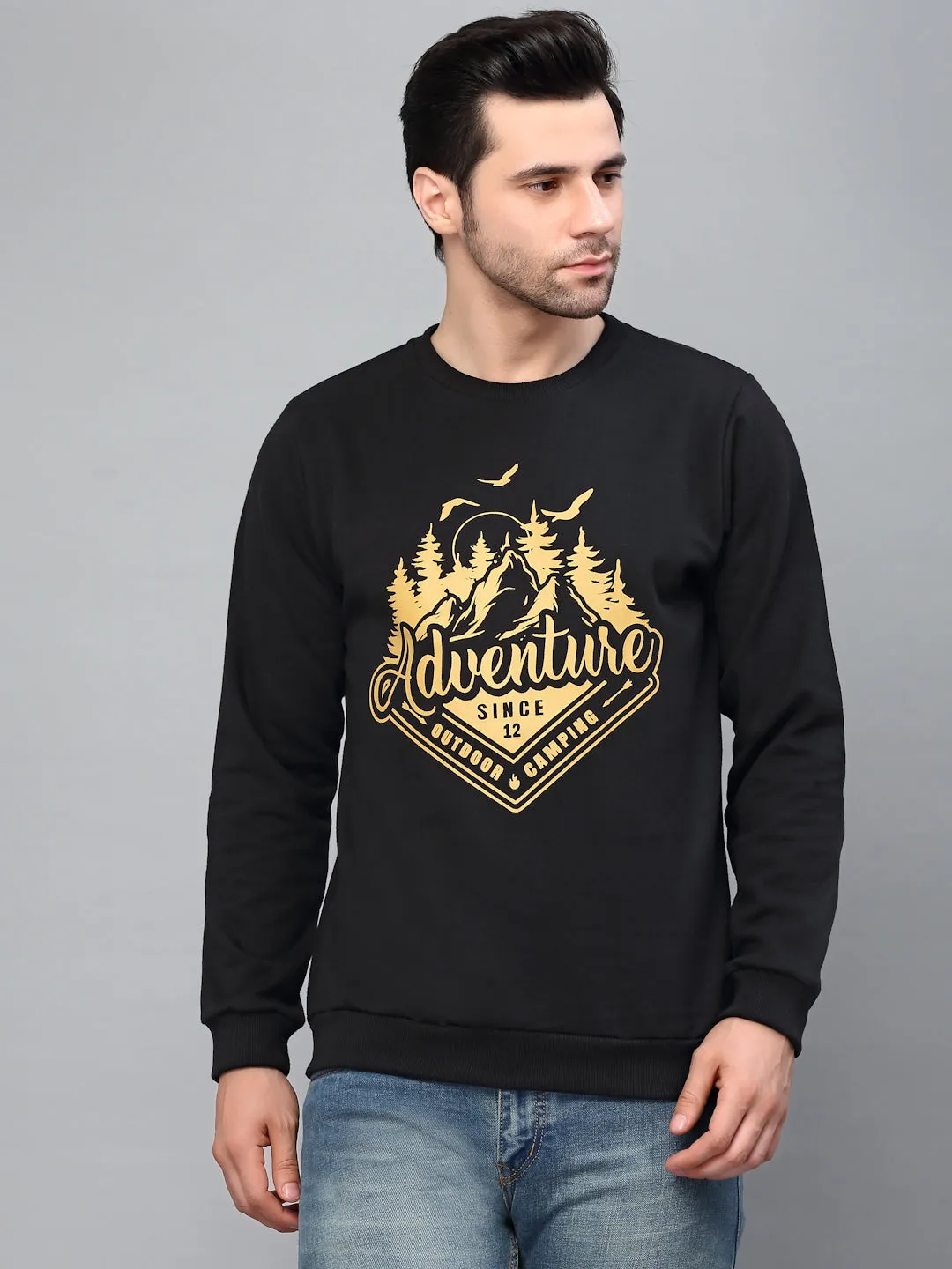 Black Round Neck Printed Fleece Sweatshirt