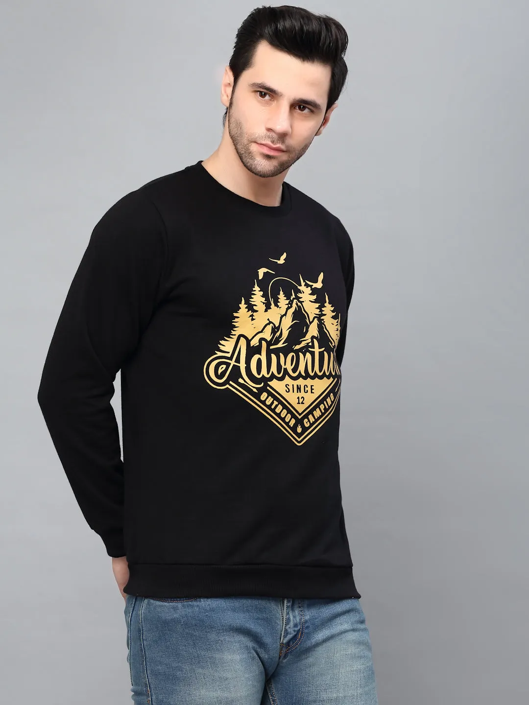 Black Round Neck Printed Fleece Sweatshirt