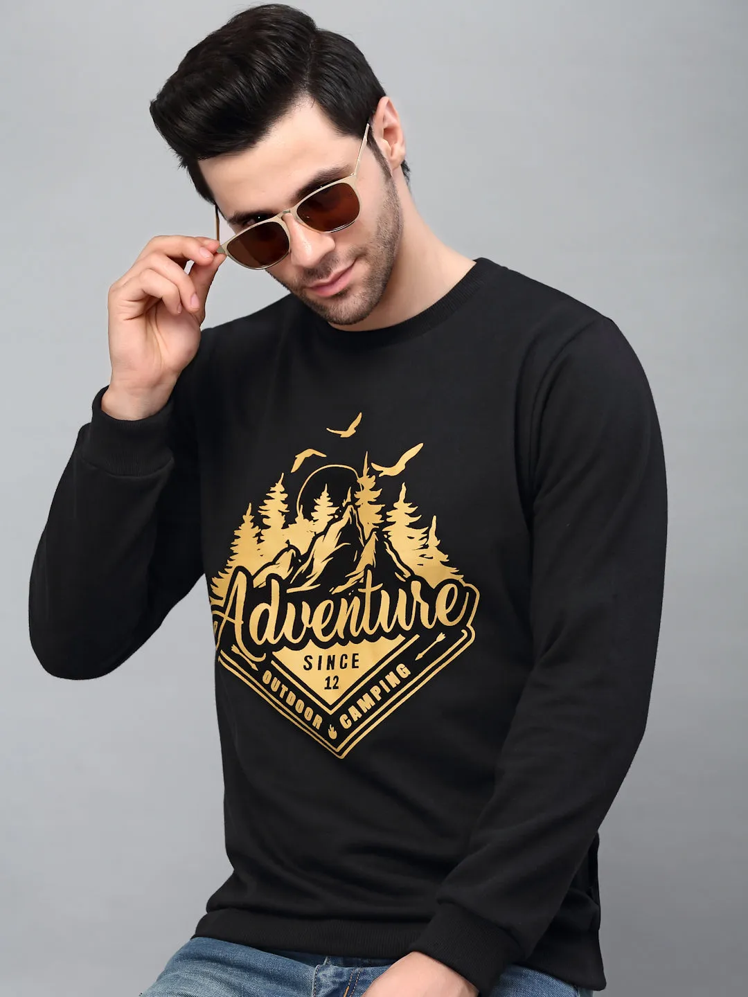 Black Round Neck Printed Fleece Sweatshirt