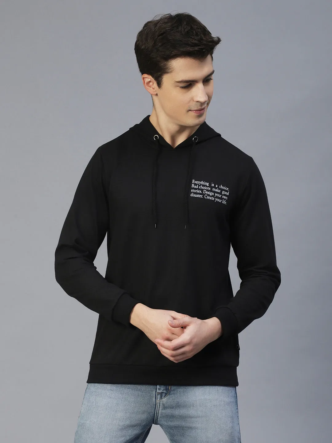 Black Text Print Hooded Sweatshirt