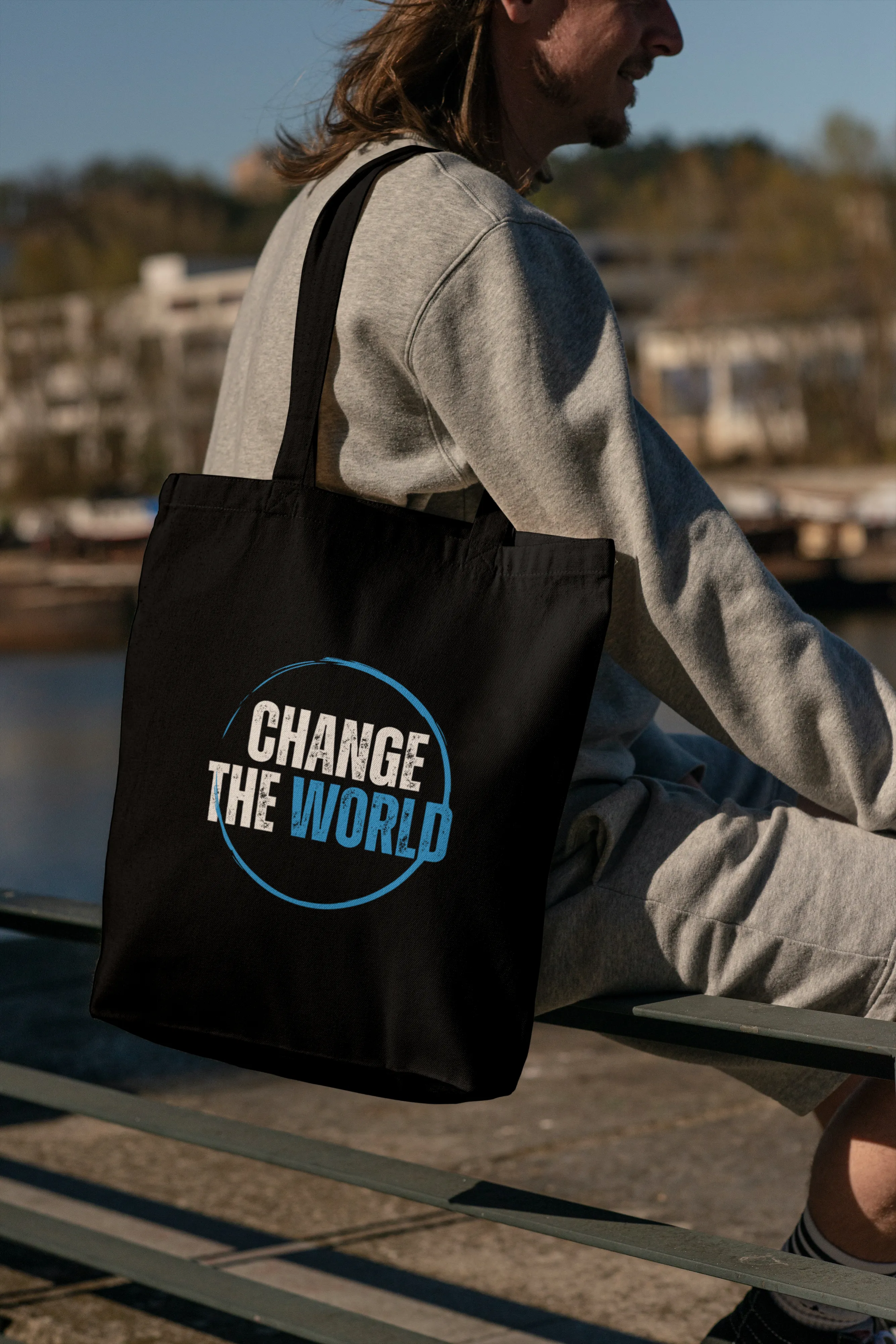 Black Tote Bag with Zipper ( Change the World )