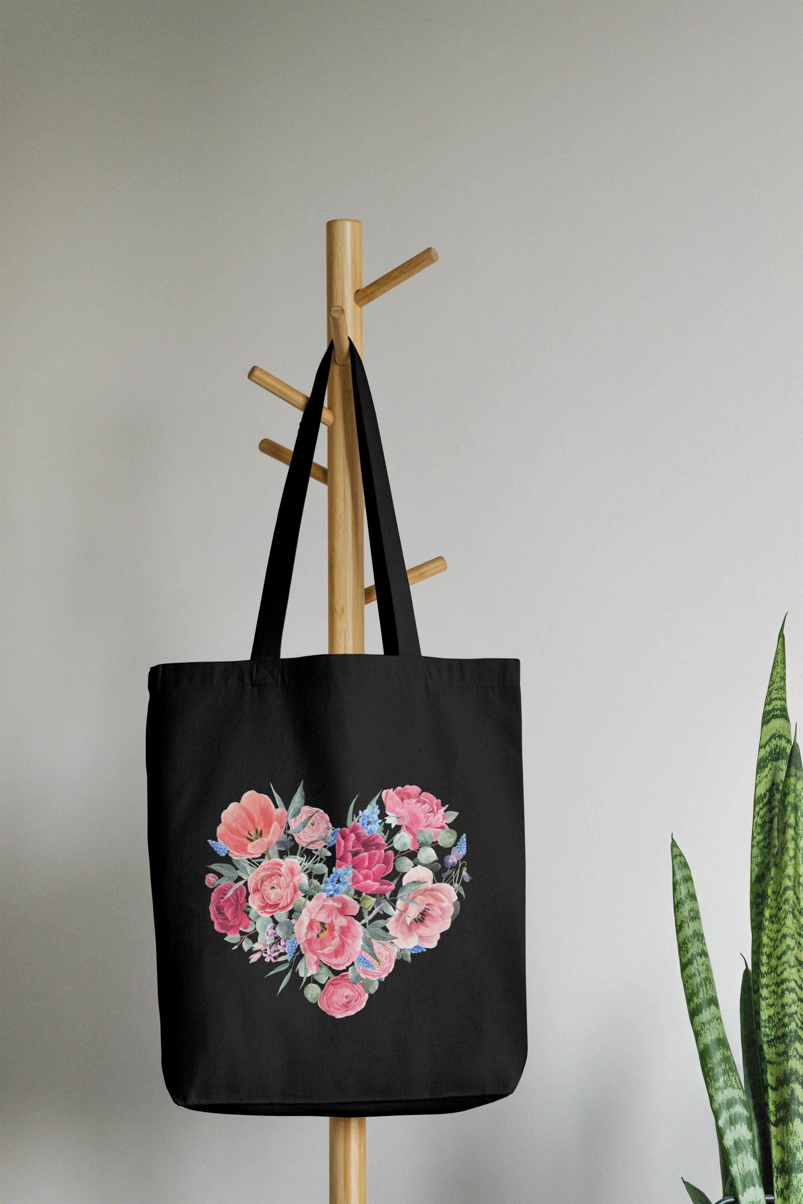 Black/White Aesthetic Floral Heart Tote Bag with Zipper