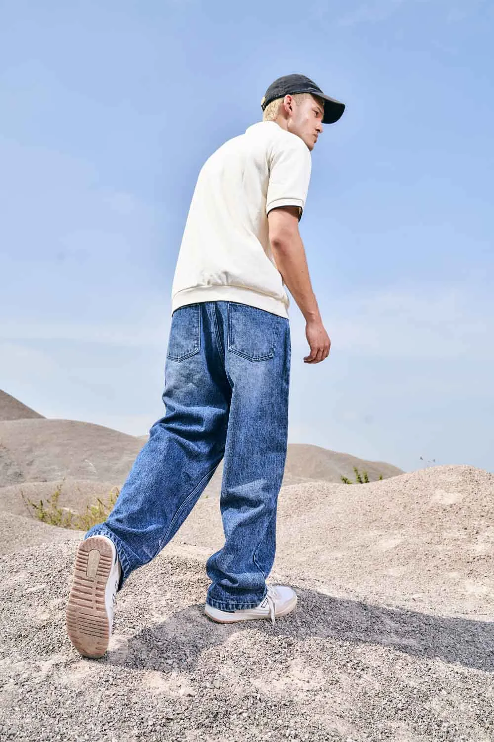 Blue Faded Wide Leg Jeans