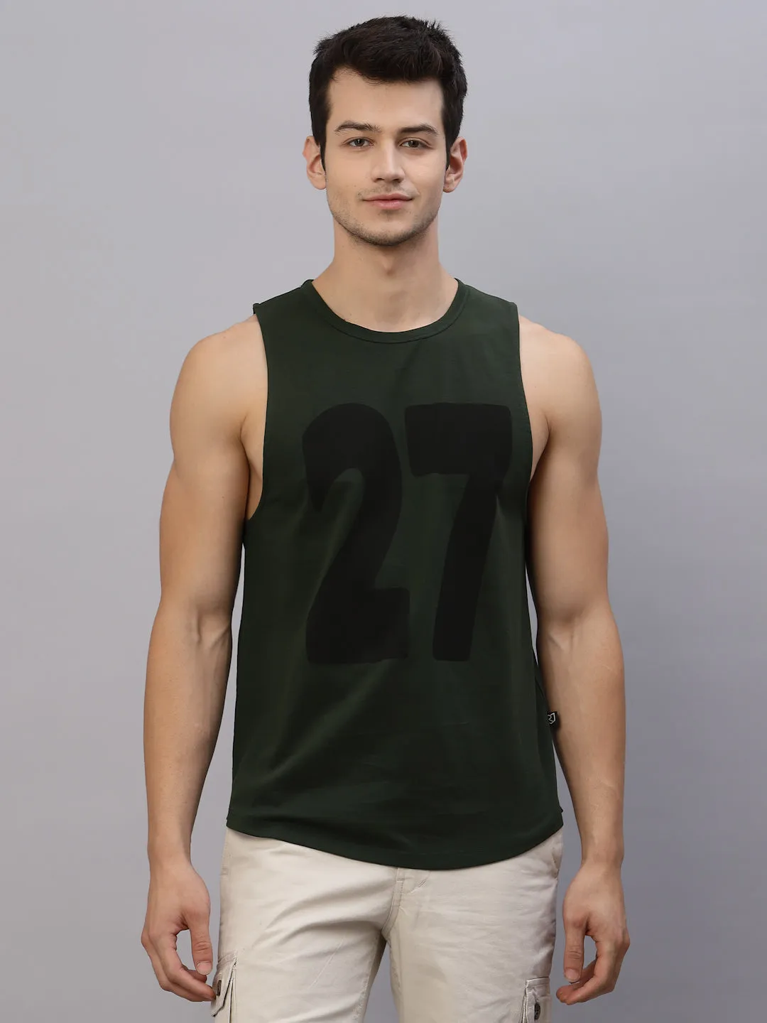 Bottle Green Numerical Print Round Neck Sleeveless T-Shirt Vest