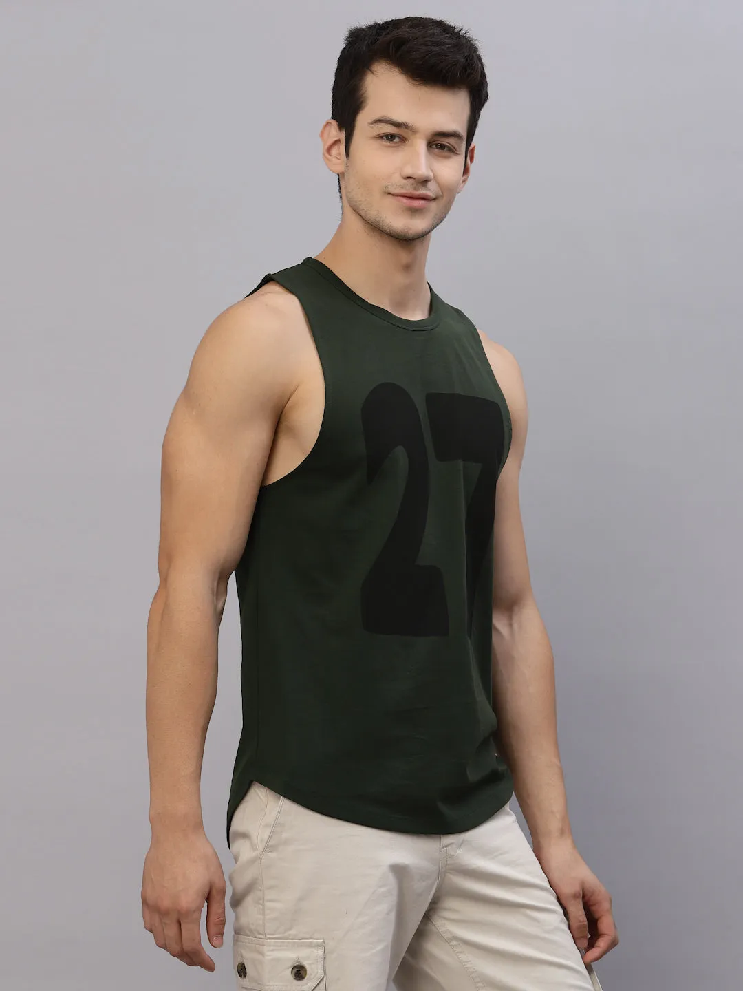 Bottle Green Numerical Print Round Neck Sleeveless T-Shirt Vest