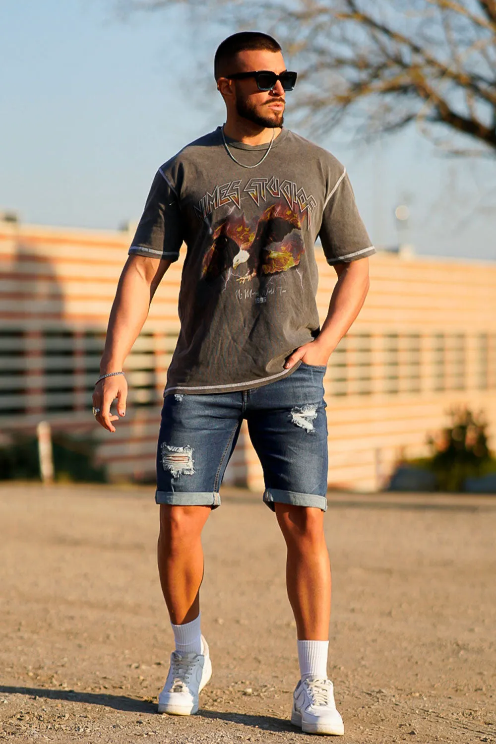 Buy $80 Free Shipping Men's Ripped Denim Short - Slim Fit