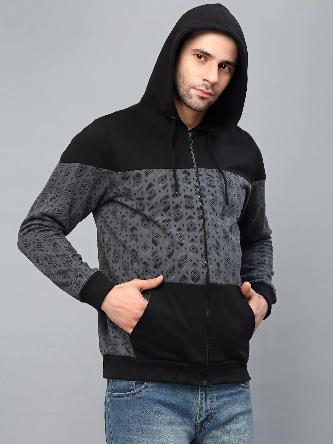 Dark Grey Hooded Printed Fleece Jacket