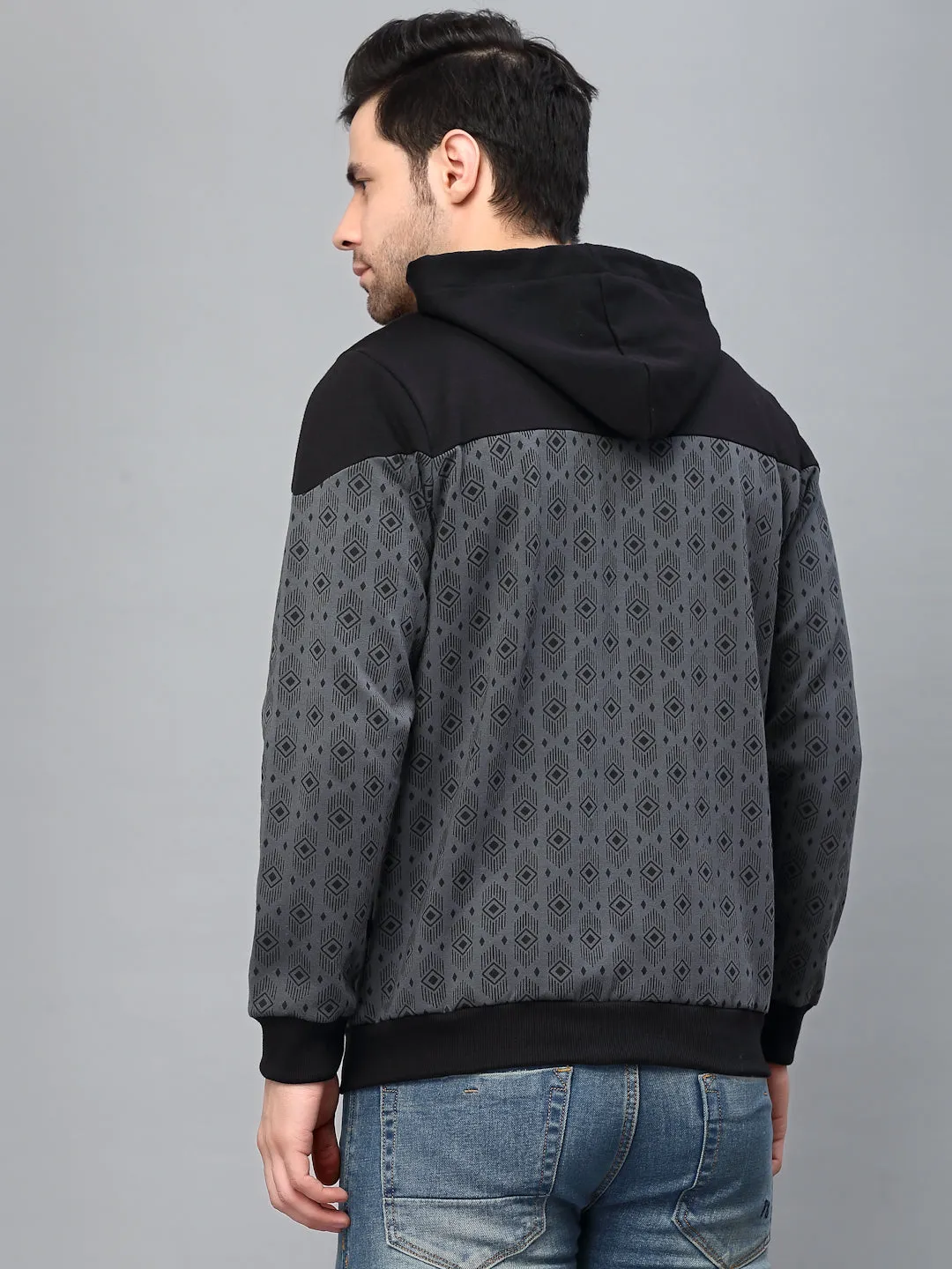 Dark Grey Hooded Printed Fleece Jacket