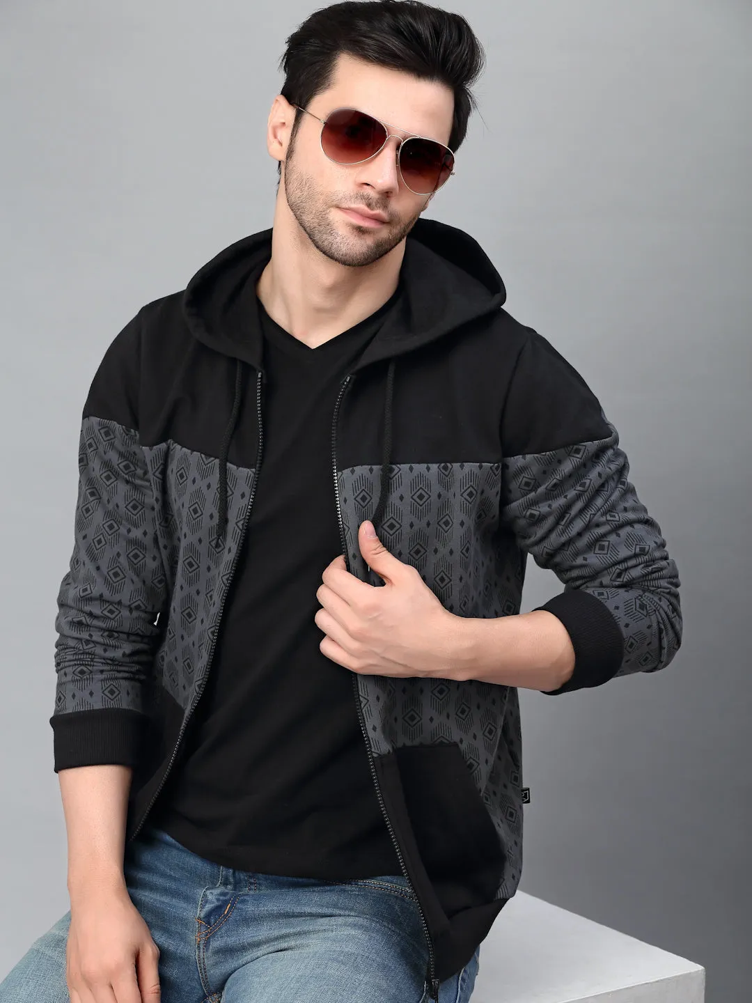 Dark Grey Hooded Printed Fleece Jacket