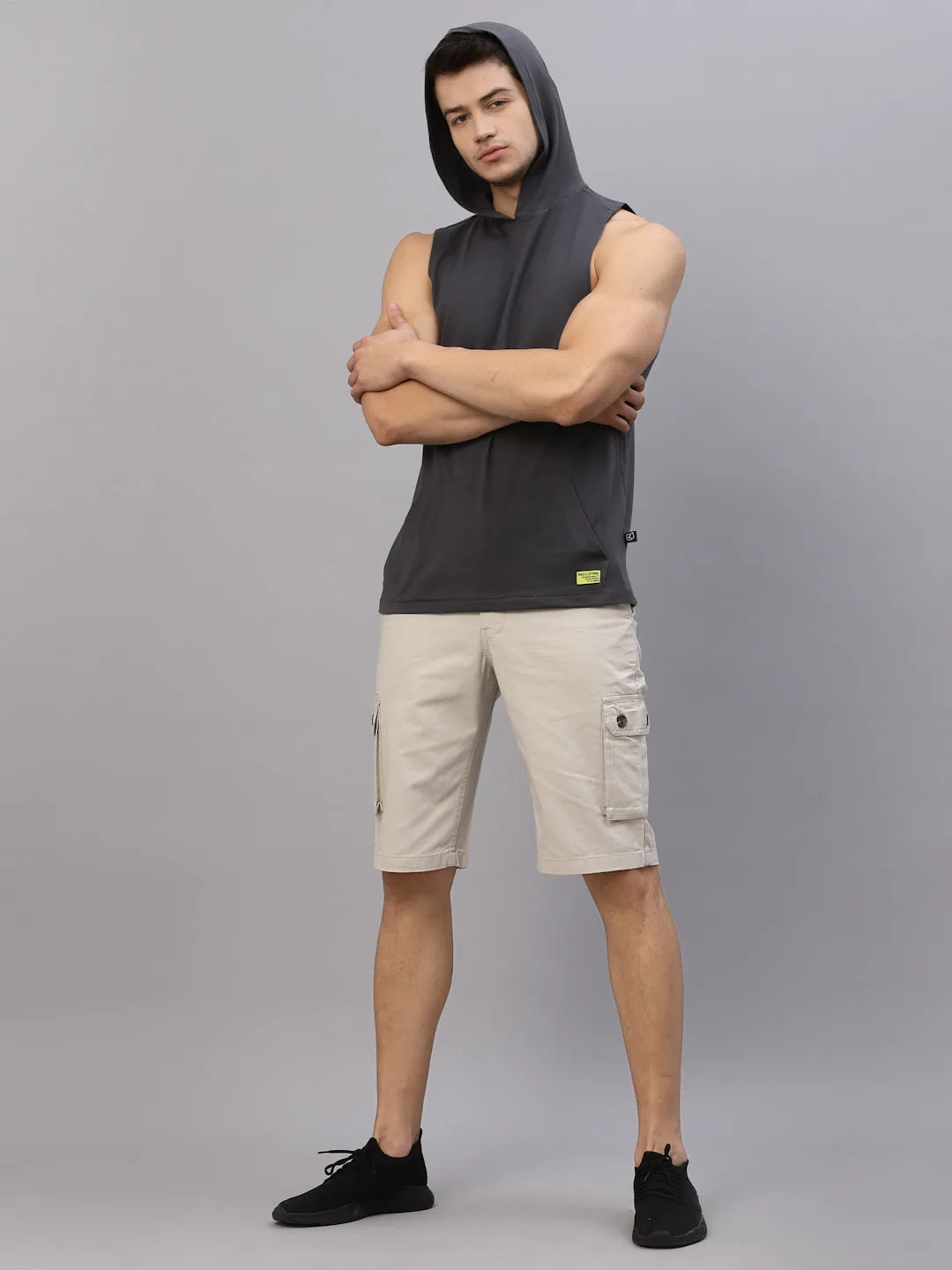 Dark Grey  Hooded With Kangaroo Pocket Sleeveless T-Shirt Vest