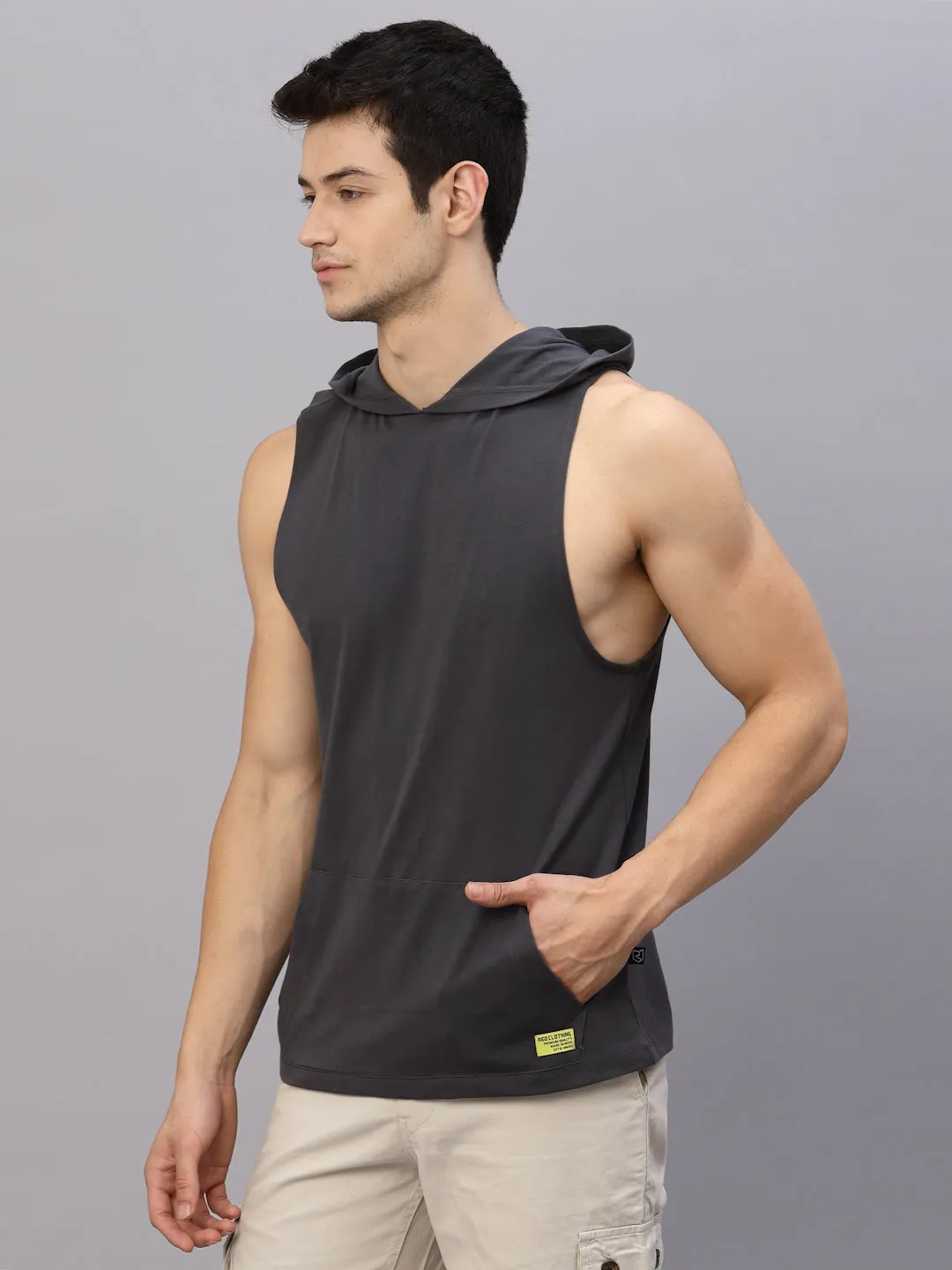 Dark Grey  Hooded With Kangaroo Pocket Sleeveless T-Shirt Vest