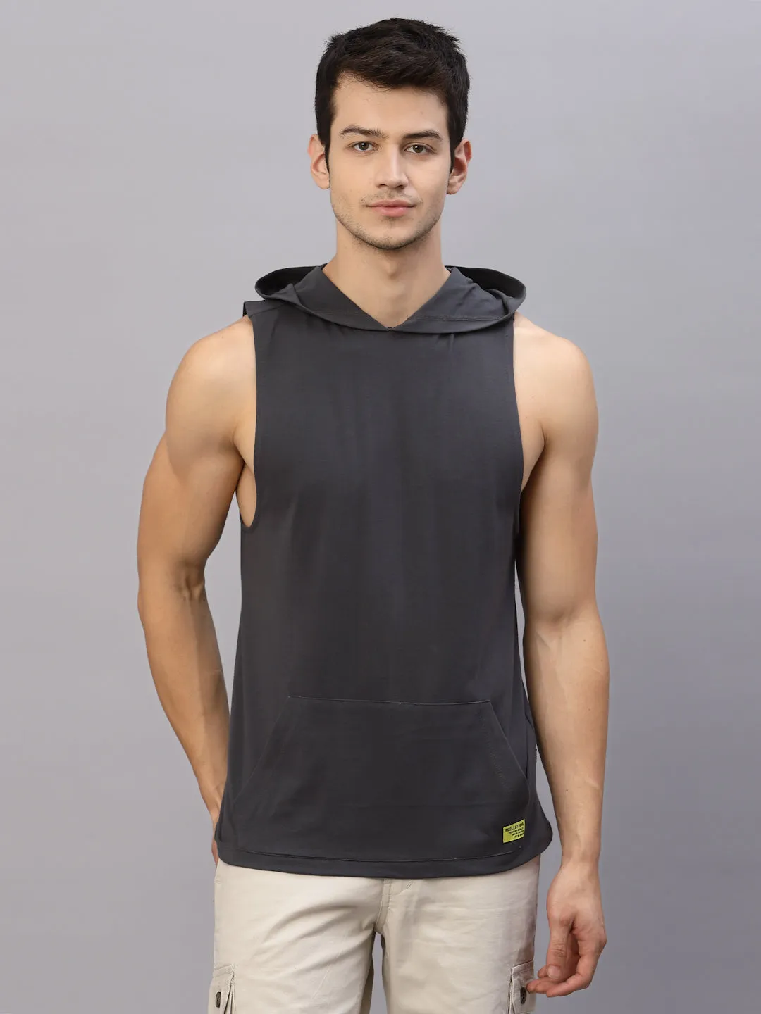 Dark Grey  Hooded With Kangaroo Pocket Sleeveless T-Shirt Vest