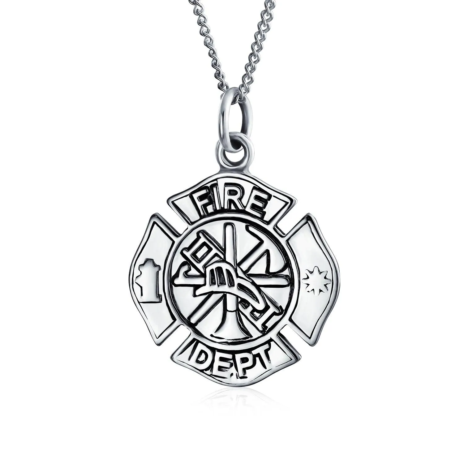 Firefighter Fire Shield Medallion Cross Pendant .925 Sterling Silver