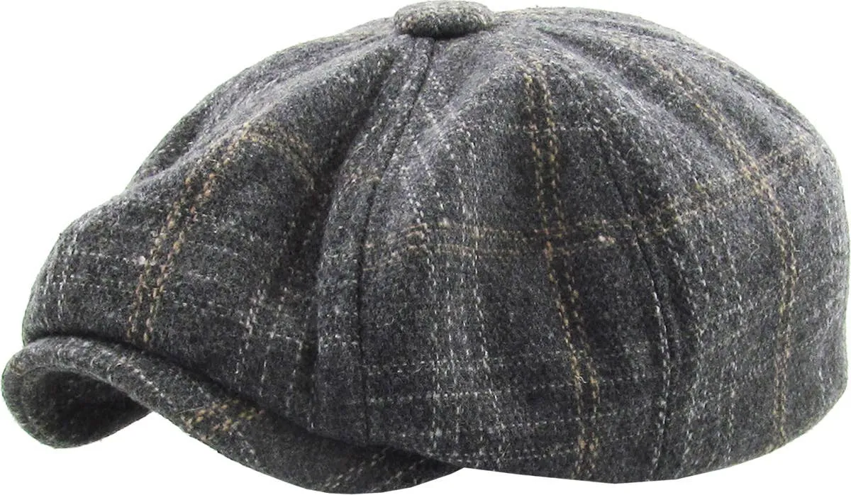 Grey Plaid Button Newsboy Hat