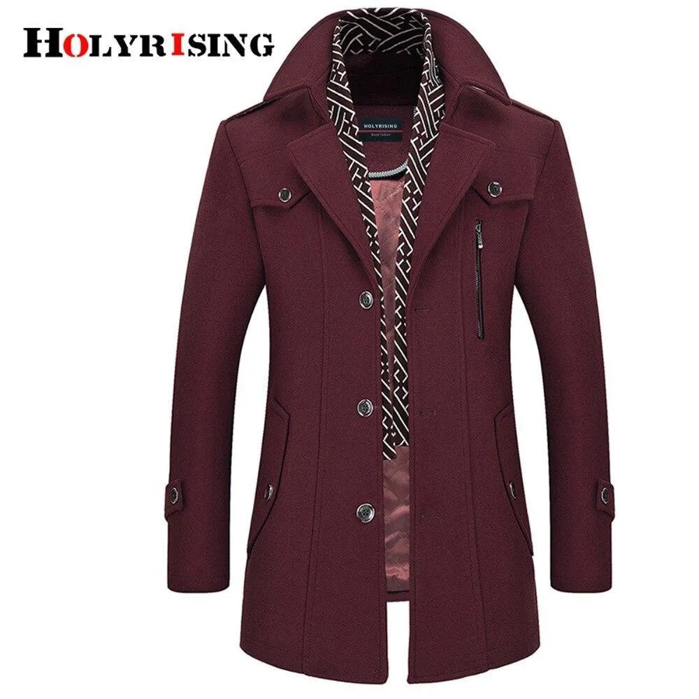 Holyrising Men Coat Wool Overcoat Turn Collar Warm Jackets Woolen Men Coats And Blends With Scarf Breathable Outwear 18423-5