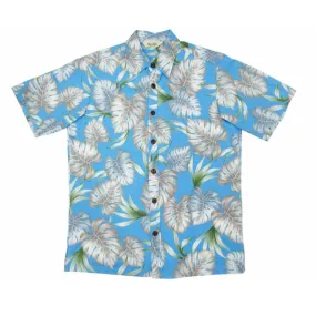 Mens Hawaiian Shirt with Light Grey Monstera Leaf Print - Blue and Grey Tones