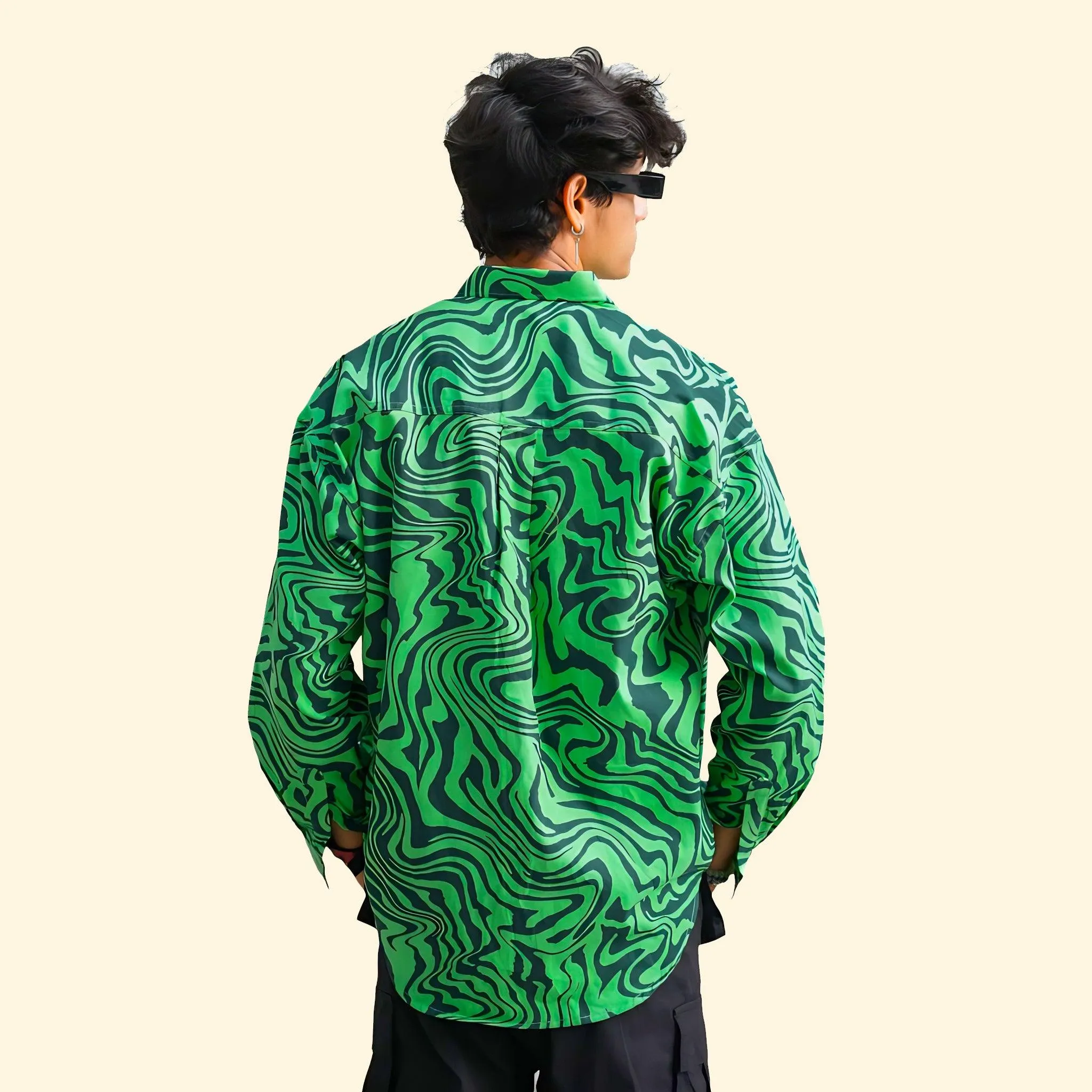 LOOPSTER Men's Green Zebra Design Baggy Fit Shirt With Double Pockets