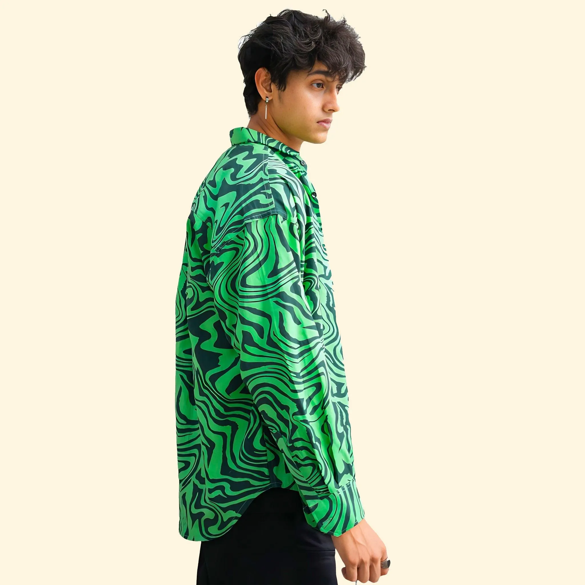 LOOPSTER Men's Green Zebra Design Baggy Fit Shirt With Double Pockets