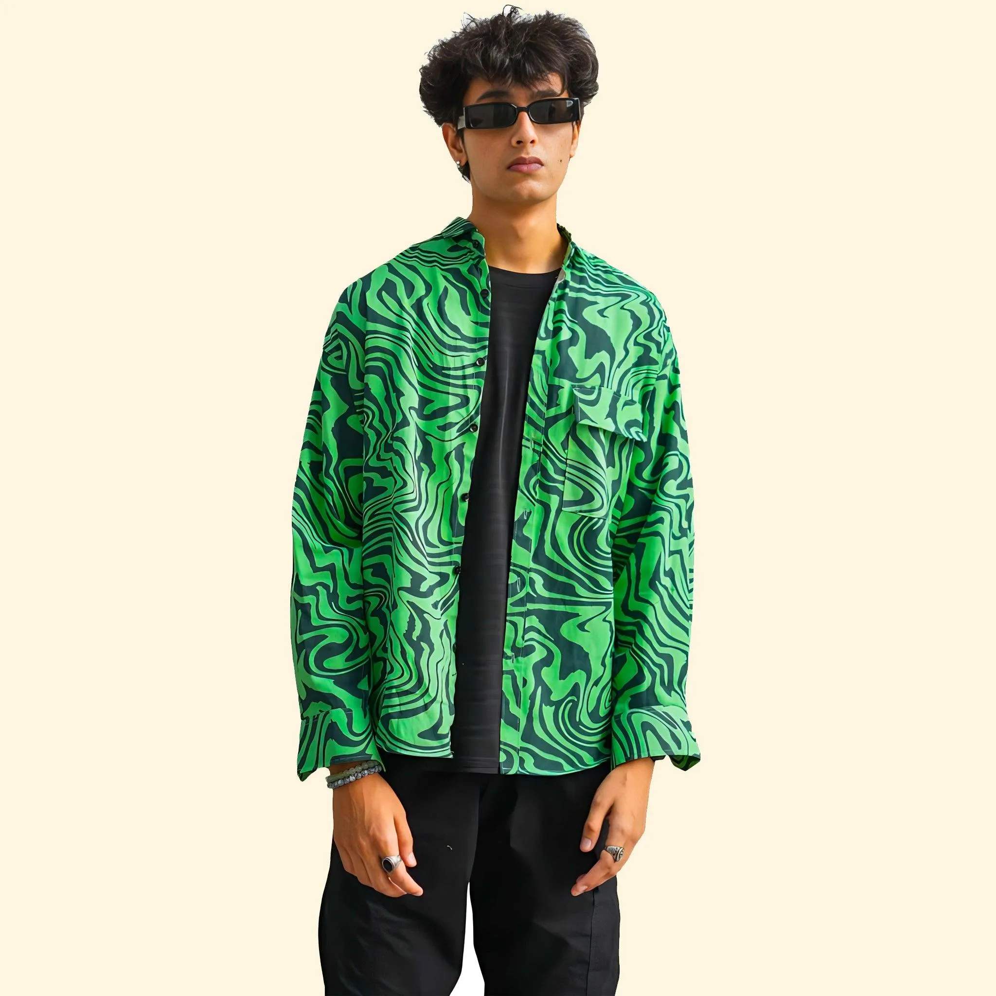 LOOPSTER Men's Green Zebra Design Baggy Fit Shirt With Double Pockets