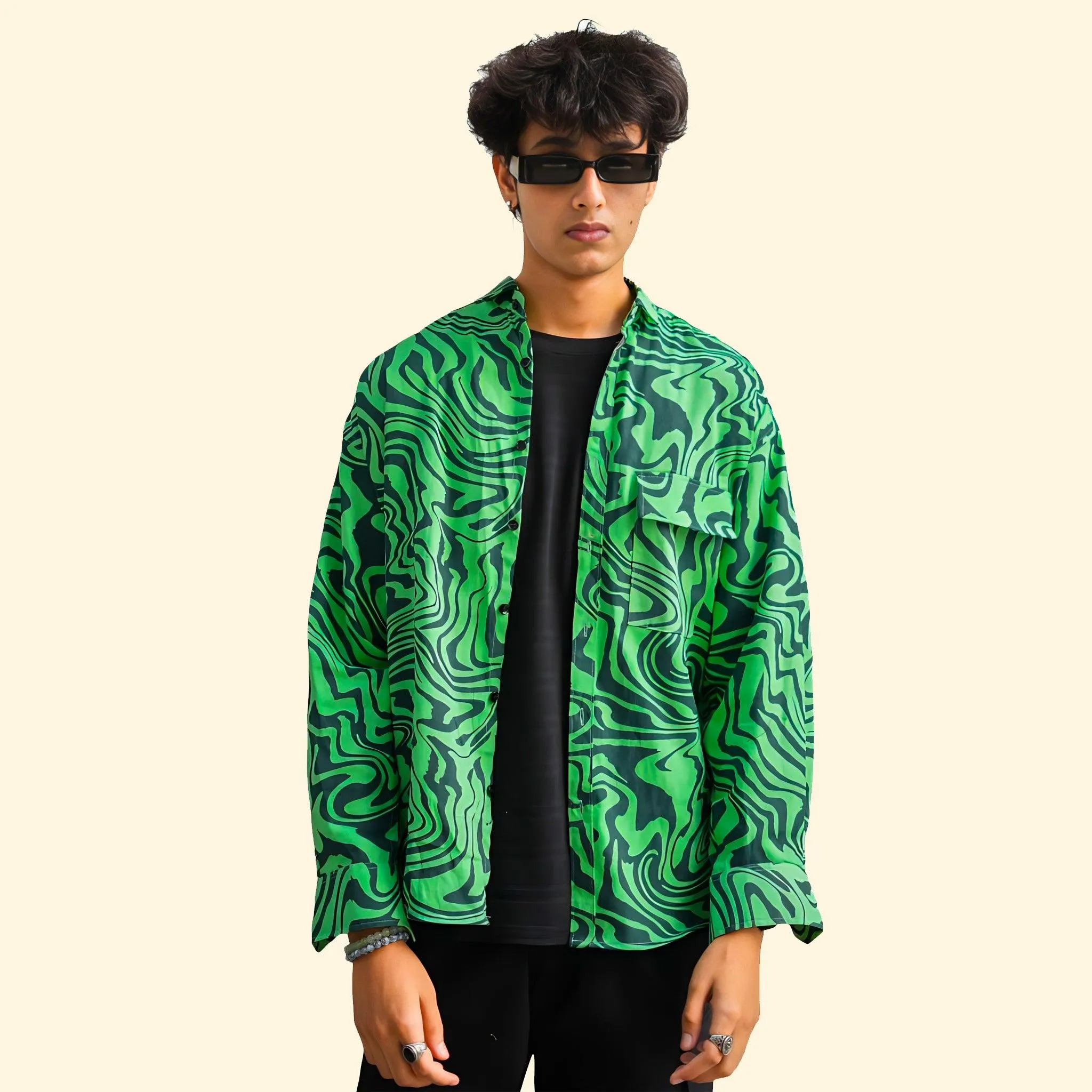 LOOPSTER Men's Green Zebra Design Baggy Fit Shirt With Double Pockets