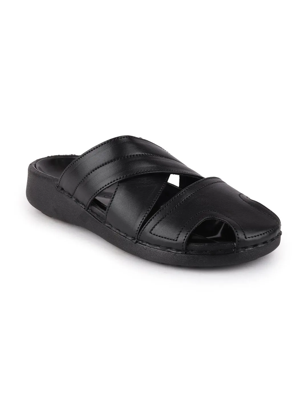 Men Black Formal Leather Slip-On Flat Sandals