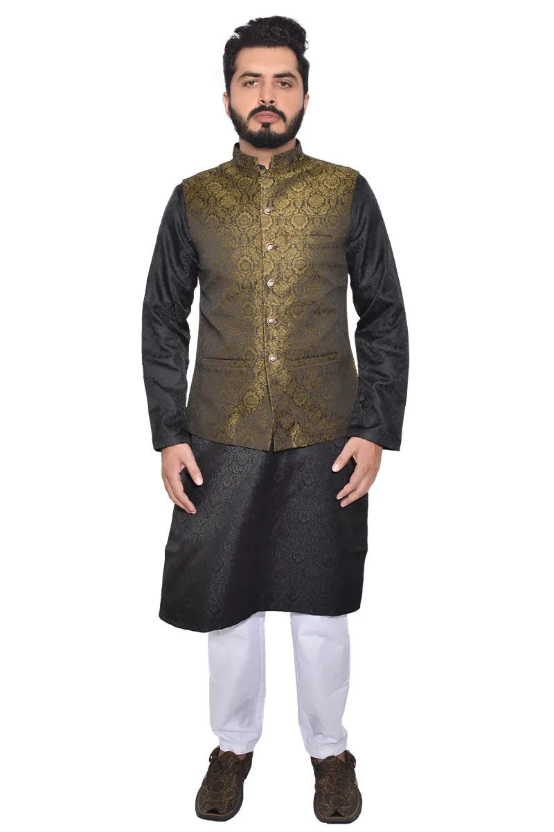 Men Premium Jamawar Waistcoat Golden