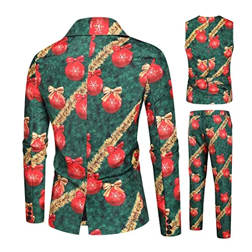 Men Suits Christmas Print 3 Piece Suit Casual Print Party Suit Fashion Jacket Vest Pants Holiday Clothes Color 8 Large