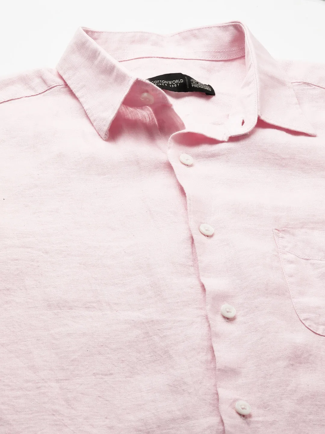 Men's 100% Linen Pink Regular Fit Long Sleeved Shirt