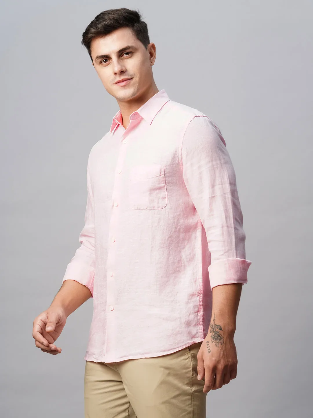 Men's 100% Linen Pink Regular Fit Long Sleeved Shirt